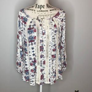 Lucky Brand Long Sleeve Floral Crochet Nob Lace